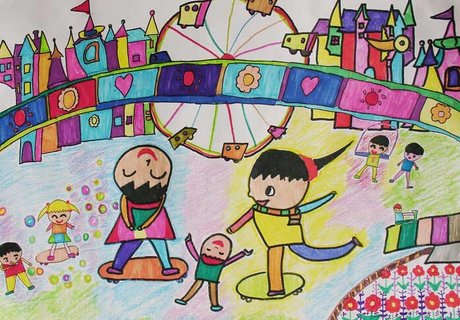 快乐的游乐场儿童画 摩天轮儿童画 游乐园过山儿童画 游乐园儿童画简