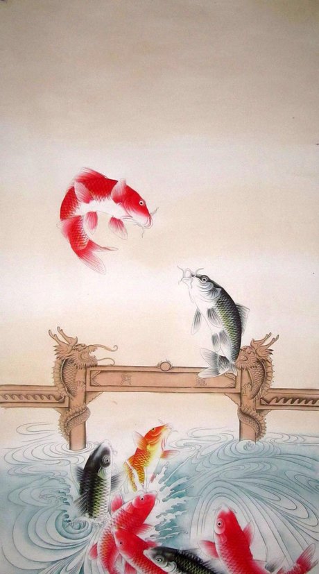 鲤鱼跳龙门四尺竖幅中国画花鸟画鲤鱼图客厅卧室字画批发年年有余