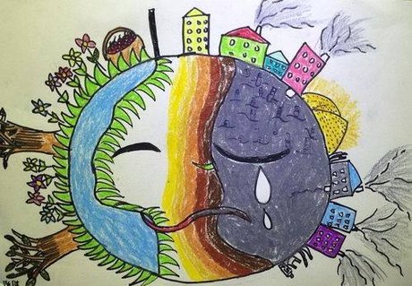 儿童画地球的快乐和悲伤