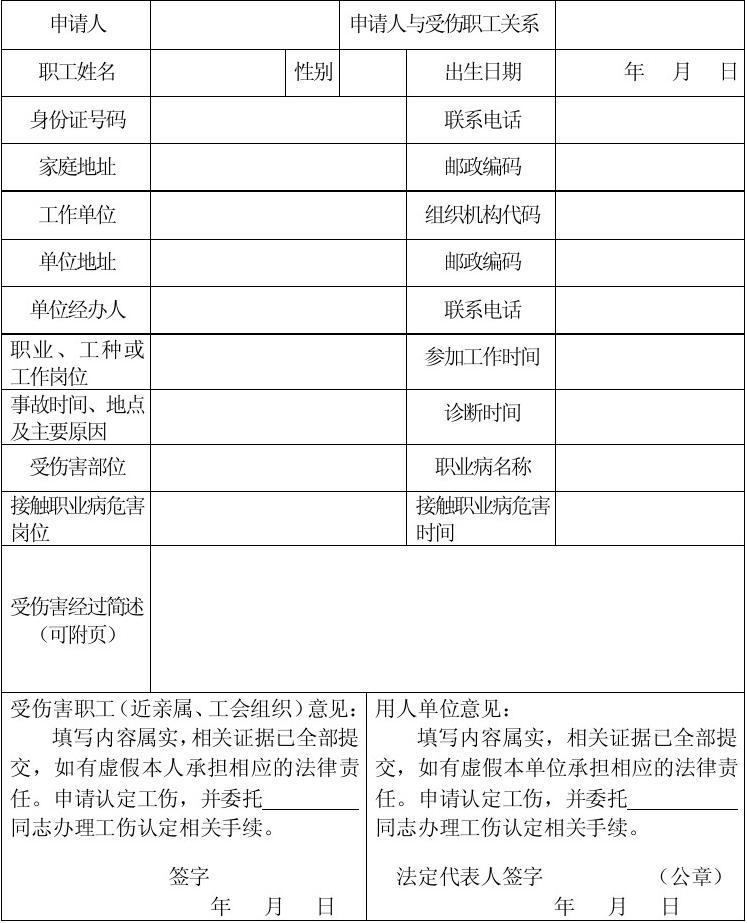 申请工伤认定所需材料