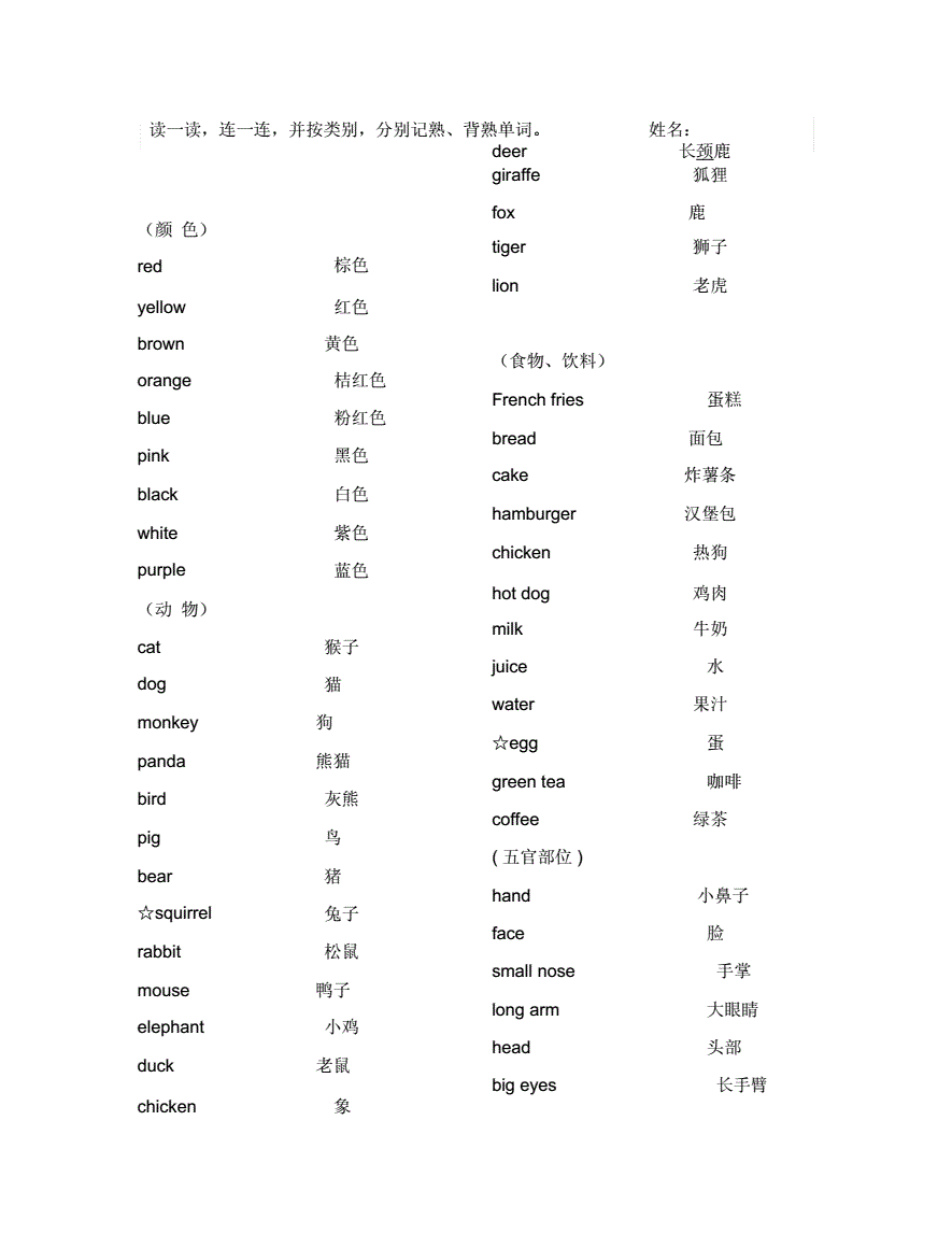 三年级下册英语单词1 6单元