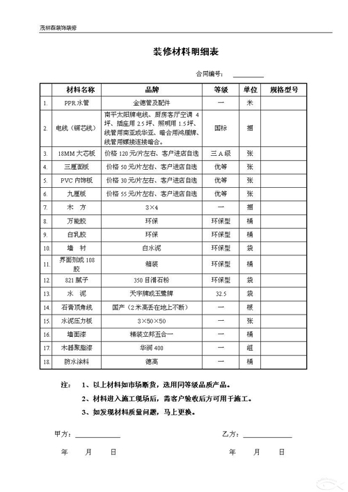 装修物料清单