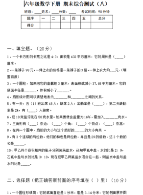 2019年六年级下册数学期末测试卷