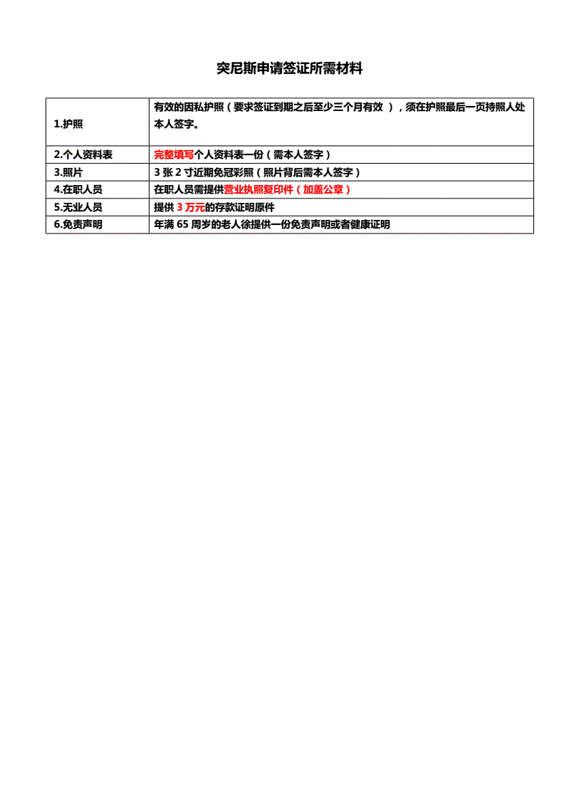 突尼斯签证所需材料