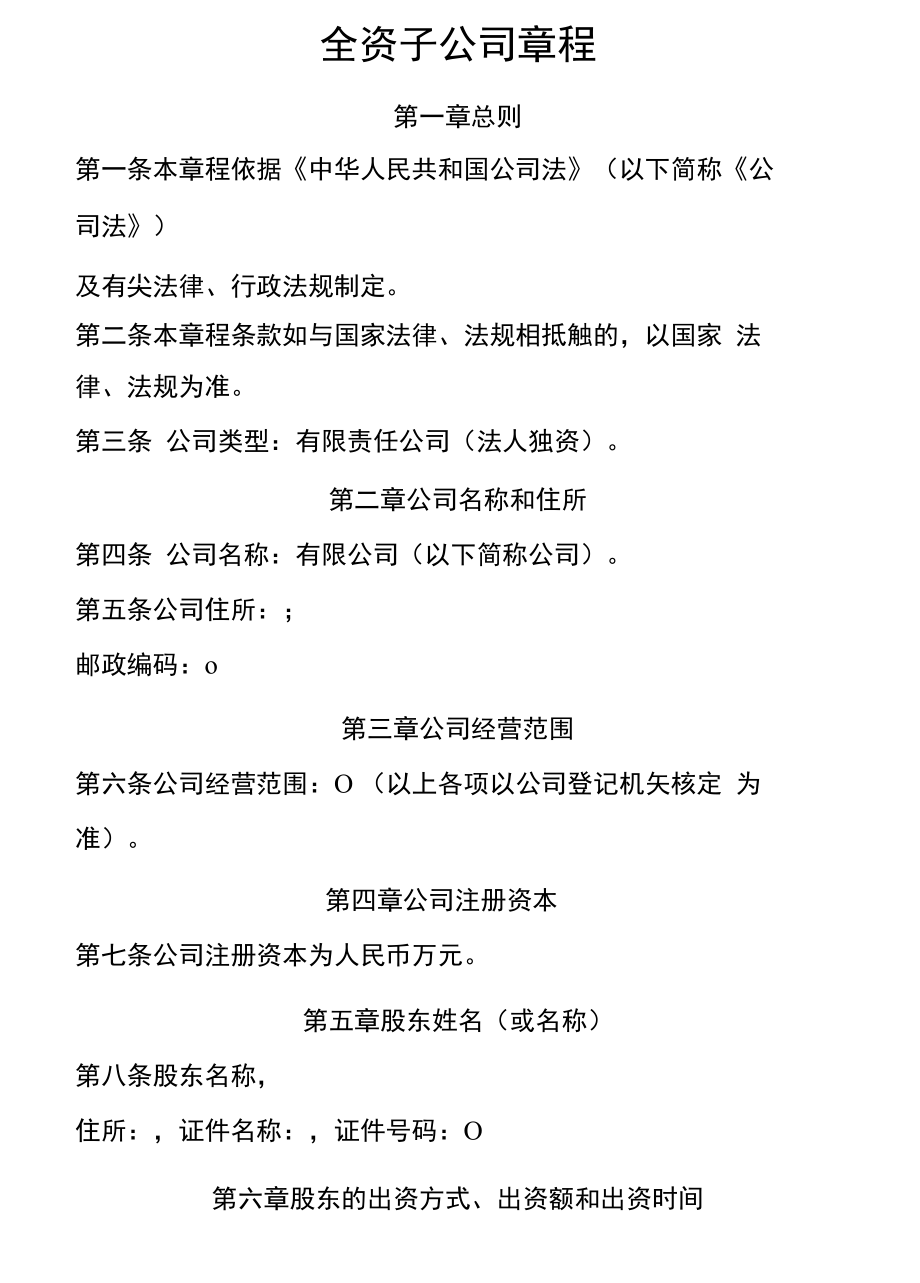 子公司章程范本