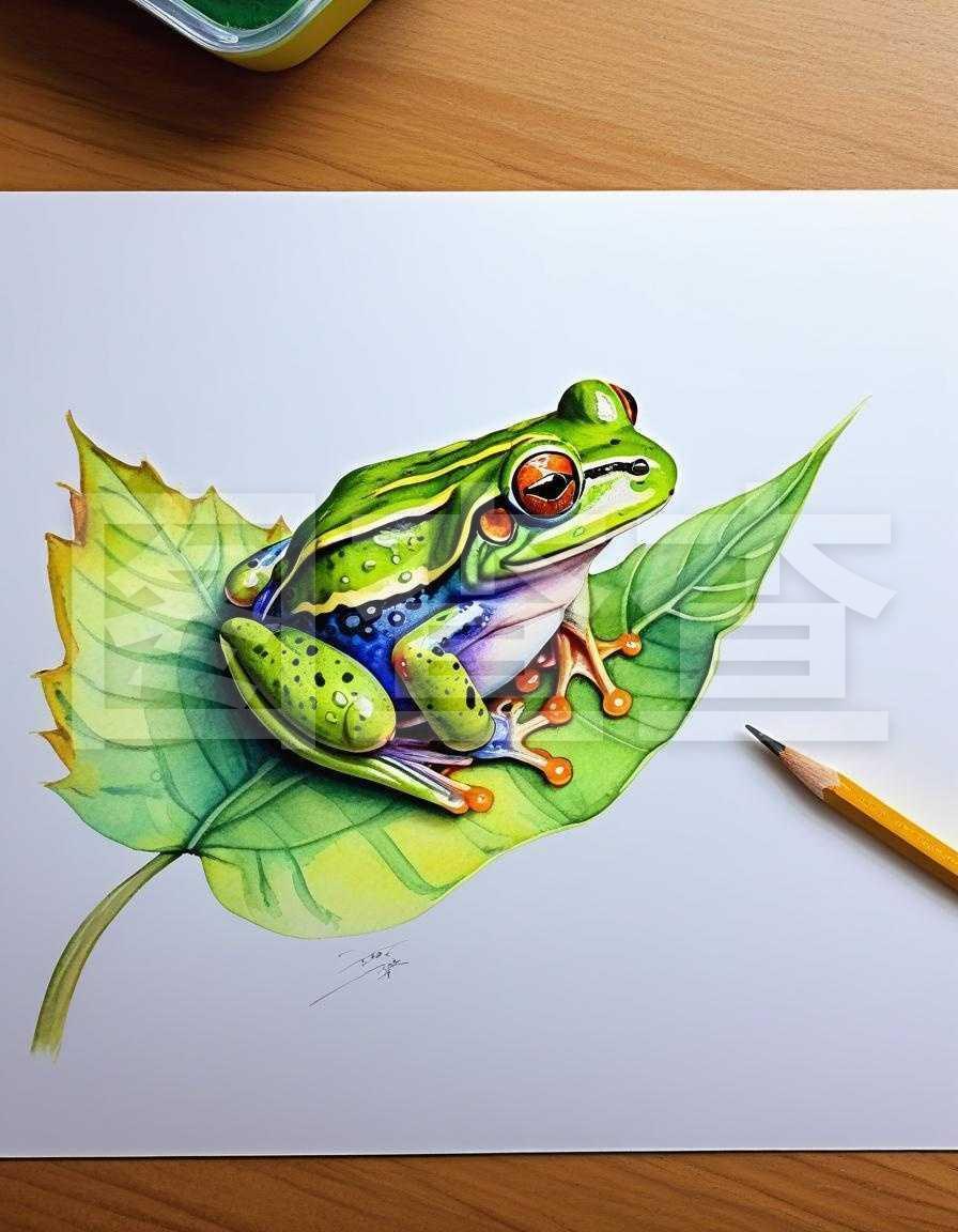 青蛙栖叶水彩铅笔画